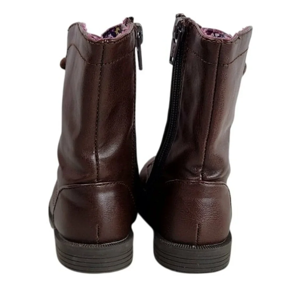 Kids Brown Faux Leather Lace Up Side Zip Combat Boots Size 7 Floral Lined‎
